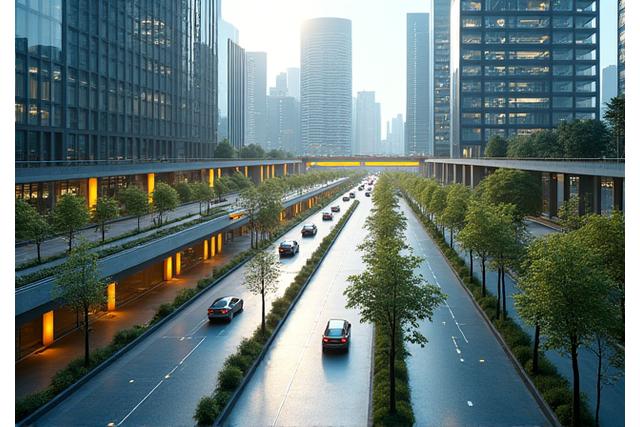 Vue aérienne d'une ville moderne avec des voies de circulation fluides et des parkings intelligents