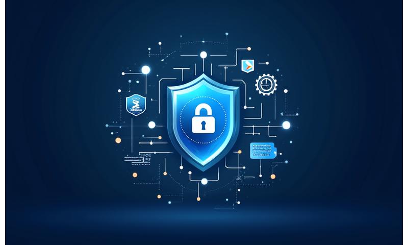 Illustration abstraite de la propriété intellectuelle avec des symboles de droits d'auteur, des engrenages et des données, représentant la protection des innovations logicielles.